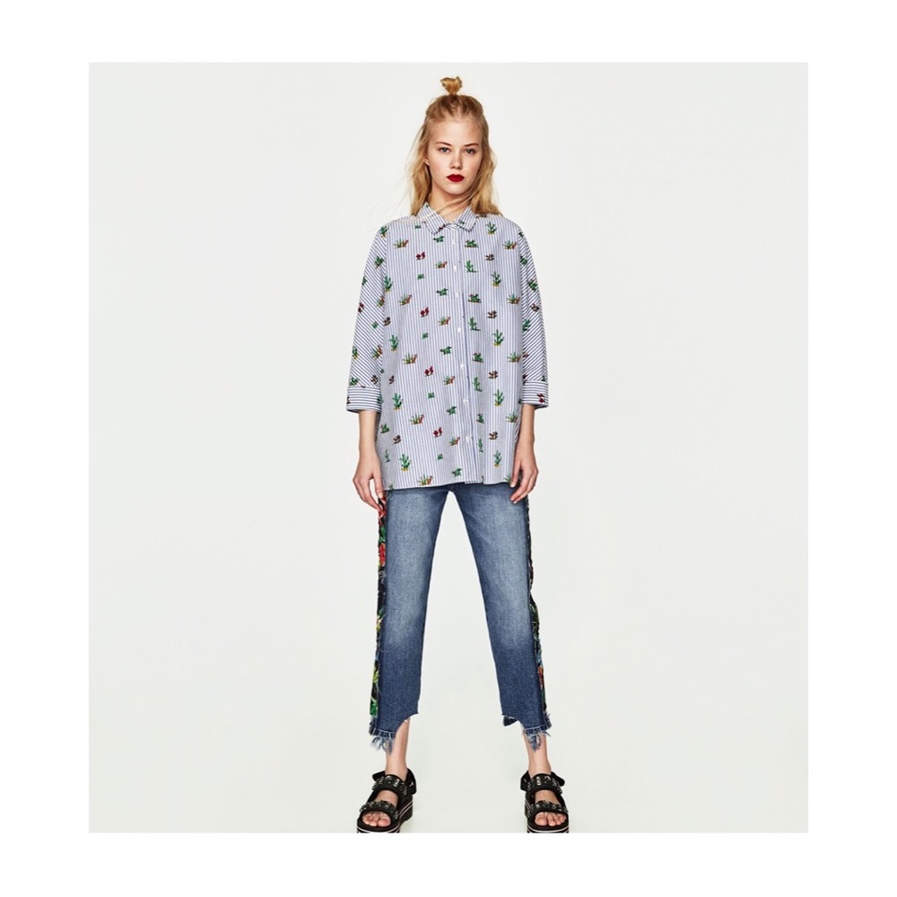 Zara Stripe Cactus Print Button Down Top - image 2